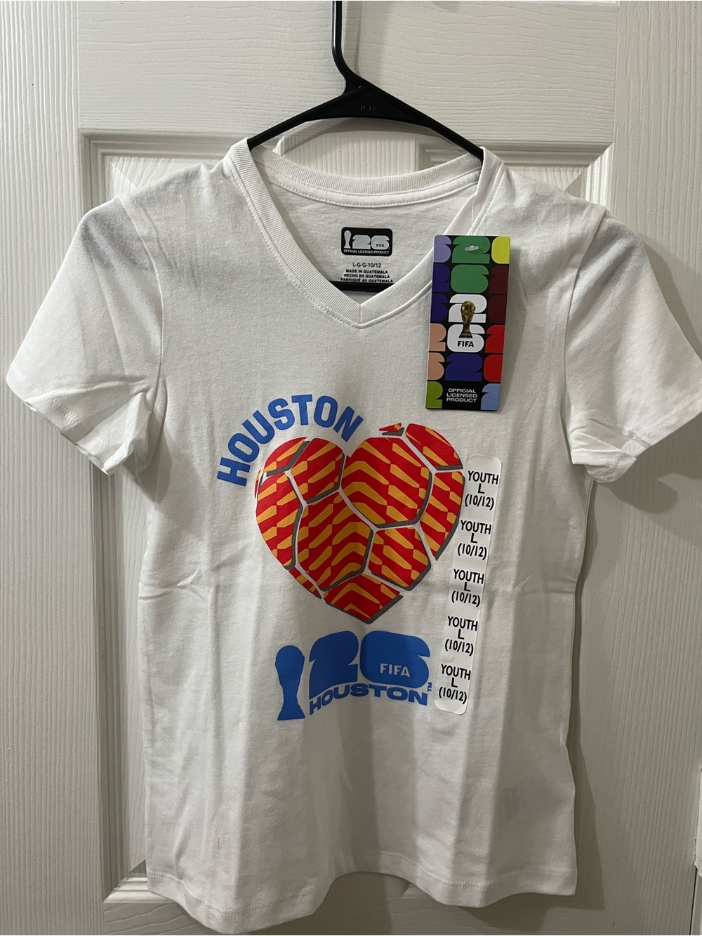 2026 FIFA World Cup Houston Youth White Graphic V-Neck Tee with Red Heart